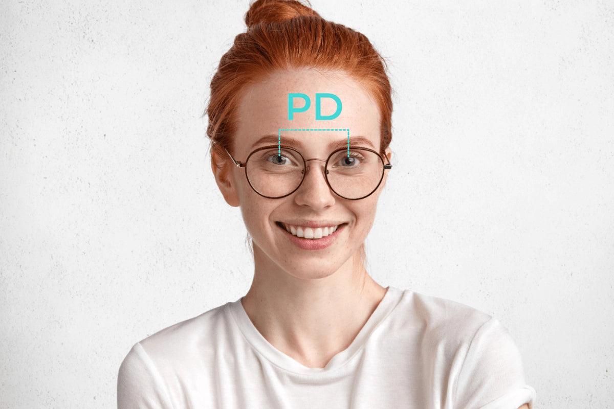 Person wearing glasses with a measurement label on a white background